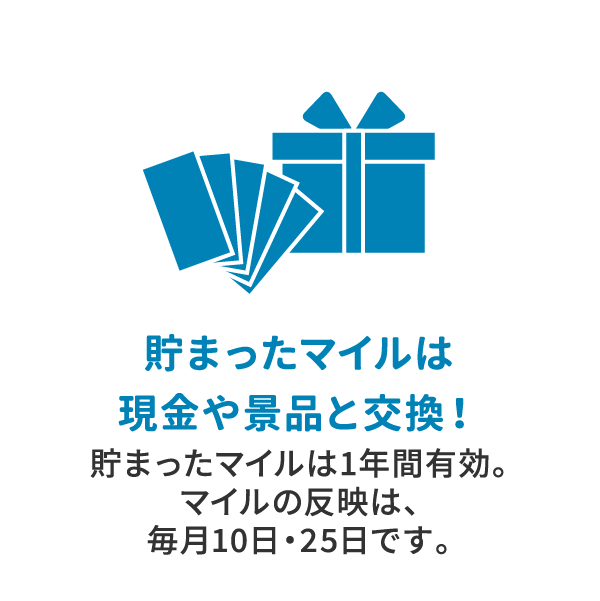 貯まったマイルは特産品や景品と交換！貯まったマイルは1年間有効。マイルの反映は、毎月10日・25日です。